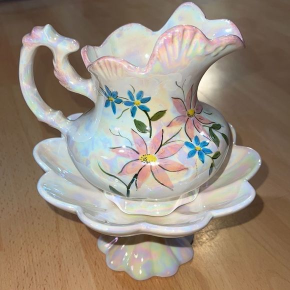 Vintage 1968 Small Iridescent Floral Pitcher & Wash Basin/Display Tray Platter - Picture 4 of 15